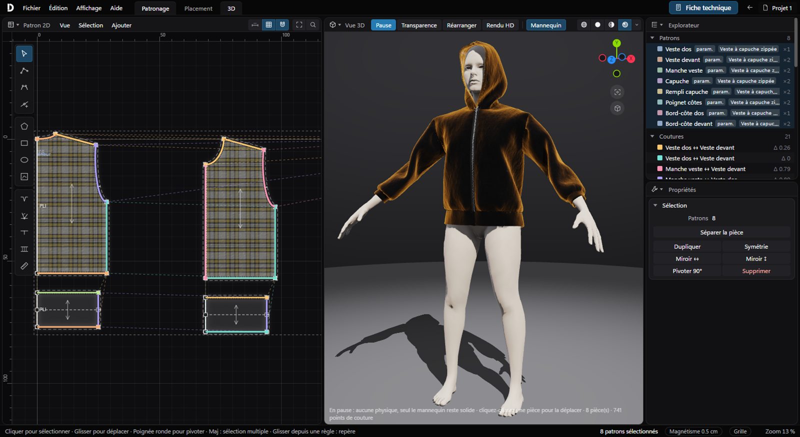 L'atelier Devclo : patron 2D d'une veste à capuche à gauche, la veste simulée sur un mannequin en 3D à droite