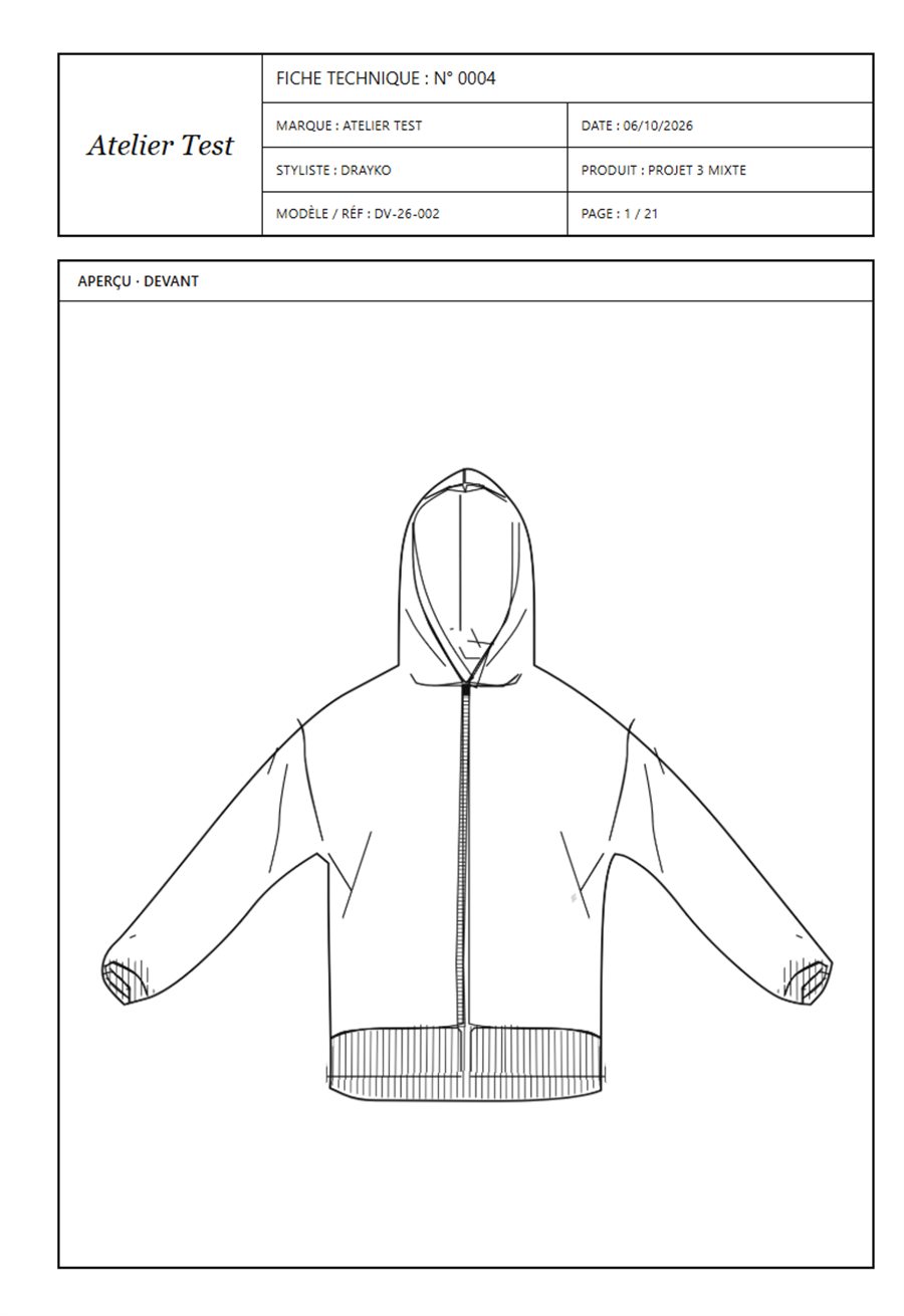 Page d'une fiche technique Devclo : croquis à plat d'une veste à capuche, vue de devant